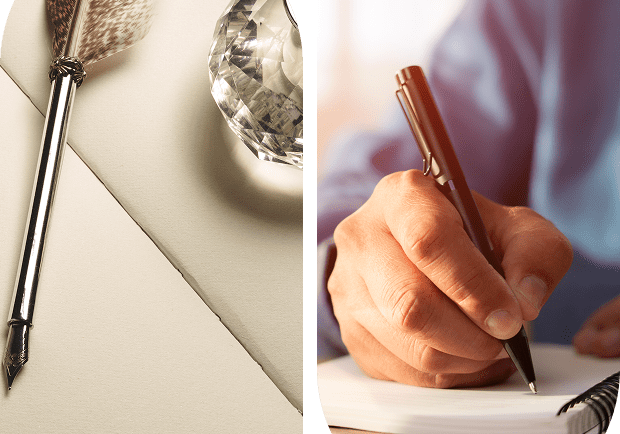 Quill and pen writing on paper.